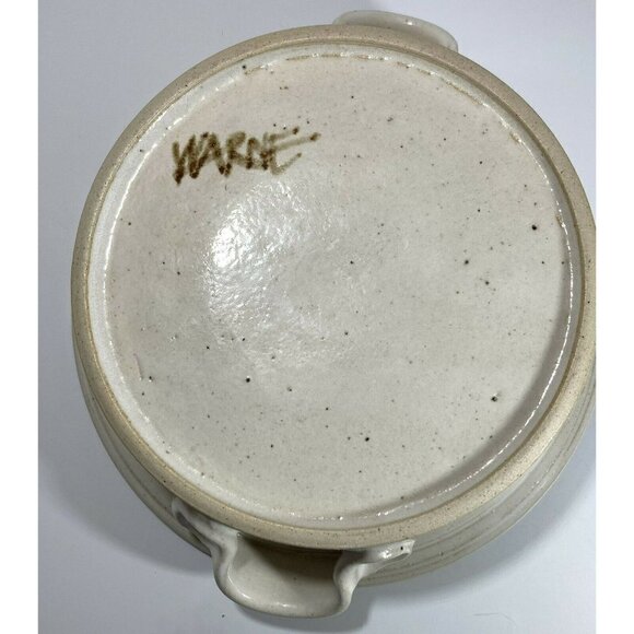 Artisan Signed Glazed Pottery Ivory Gray Serving Bowl w/ Handles Blue Flowers - Picture 4 of 10